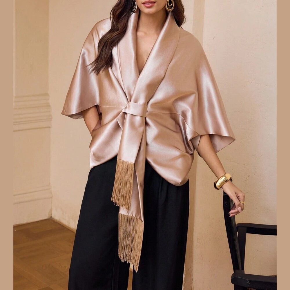 Blush Pink Satin Kimono Top with Shawl Collar & Fringe Tie
